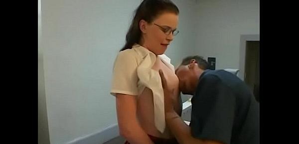  Geeky college girl in glasses Vicci Valencorte agreed to join whoopping company it up and one of them drilled her on the stairs